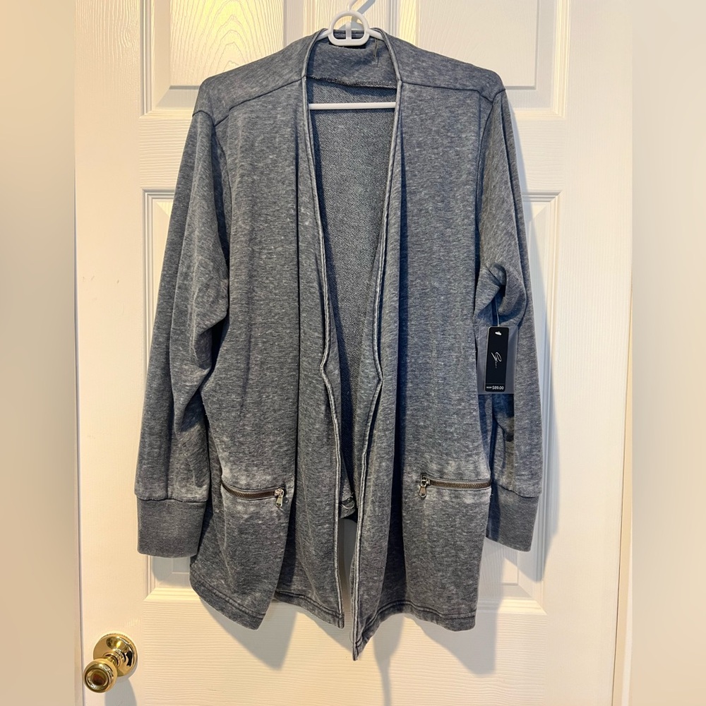 Cyrus Women's Blue/Gray Open Front Cardigan with Zipper Pockets Size 3X NWT